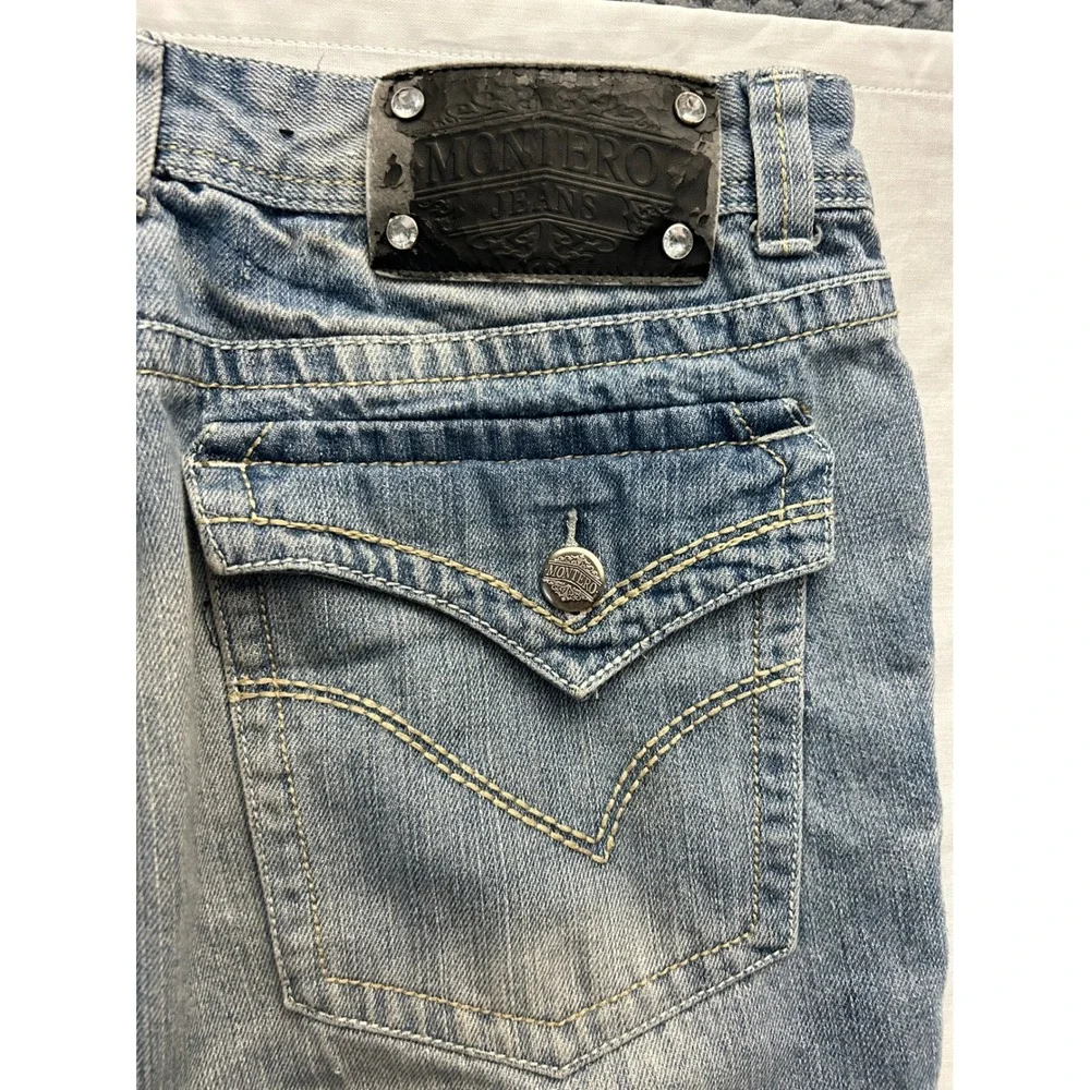 Montero Jeans Mens 36x32 Blue Distressed Ripped Straight Y2K Denim Flap Pocket